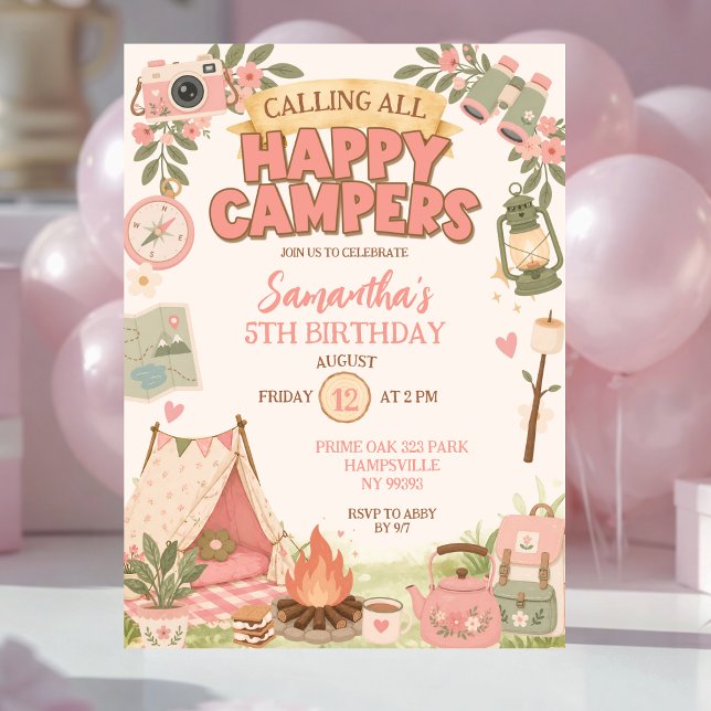 Boho Pink Happy Campers Mädchen-Geburtstag Einladung (Von Creator hochgeladen)