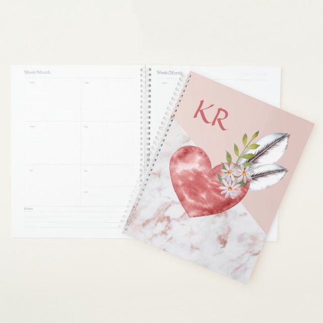 Boho Pink Heart Feathers Daisy Marble Pattern Planer (Anzeige)
