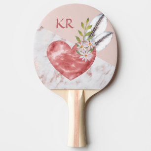 Boho Pink Heart Feathers Daisy Marble Pattern Tischtennis Schläger