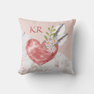 Boho Pink Heart Feathers Marble Pattern Initials Kissen