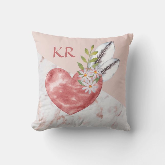 Boho Pink Heart Feathers Marble Pattern Initials Kissen (Vorderseite)