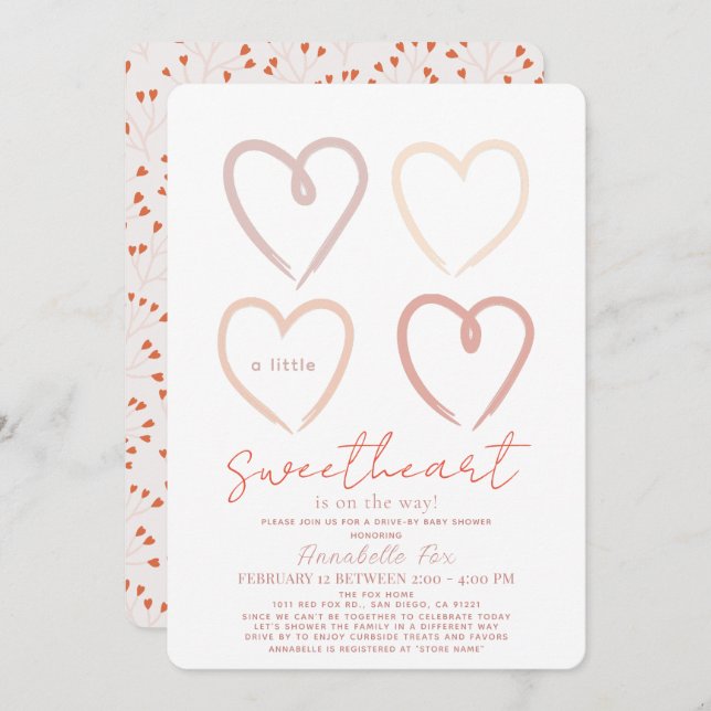 Boho Pink Hearts Sweetheart Drive by Baby Shower Einladung (Vorne/Hinten)