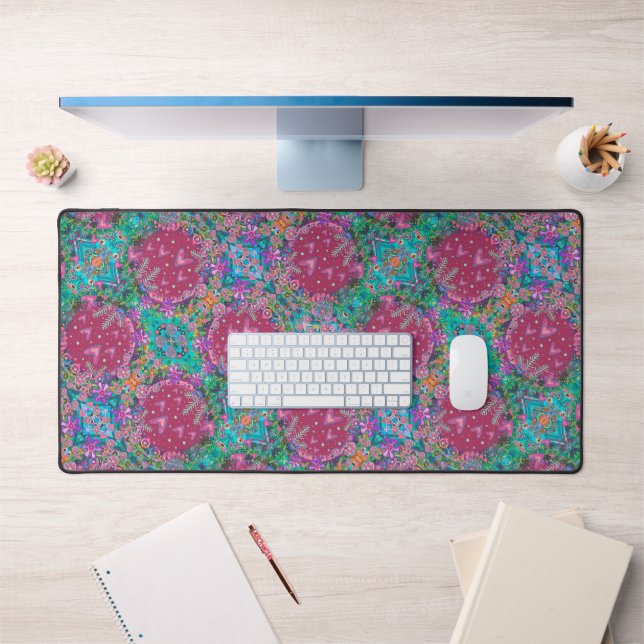 Boho Pink Herzfloralmuster Zauber Inspirivity Schreibtischunterlage (Büro 1)