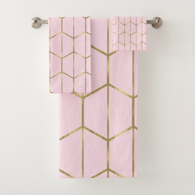 Boho Pink Hexagon Gold & Geometric Glam Badhandtuch Set (Insitu)