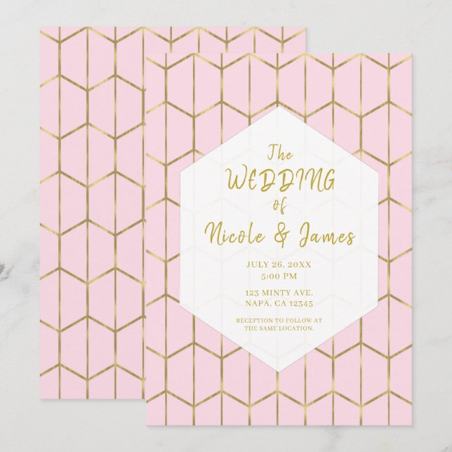 Boho Pink Hexagon Gold Geometric Glam Wedding Einladung (Vorne/Hinten)