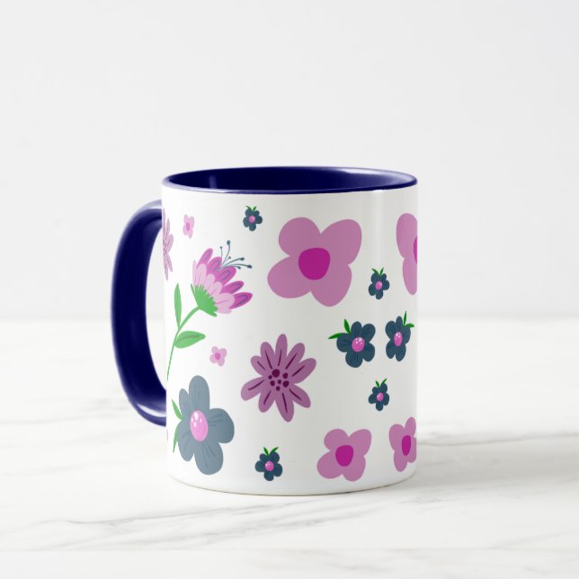 Boho Pink Indigo Blue Flowers | Zwei-Tonen-Kaffee Tasse (Vorderseite Links)