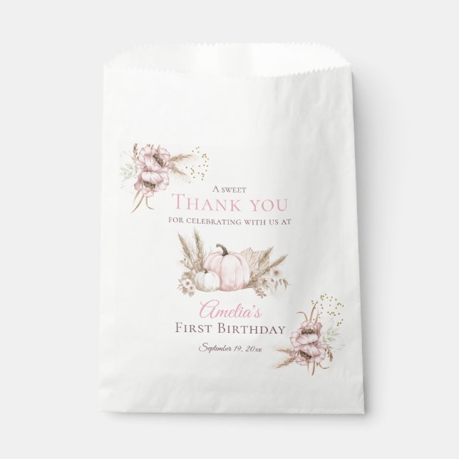 Boho Pink Kürbis 1. Geburtstag Danke Geschenktütchen (Vorderseite)