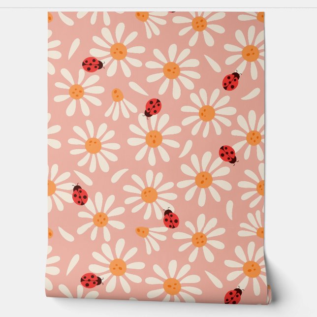 Boho Pink Ladybugs and Daisies Tapete (Abrollen)