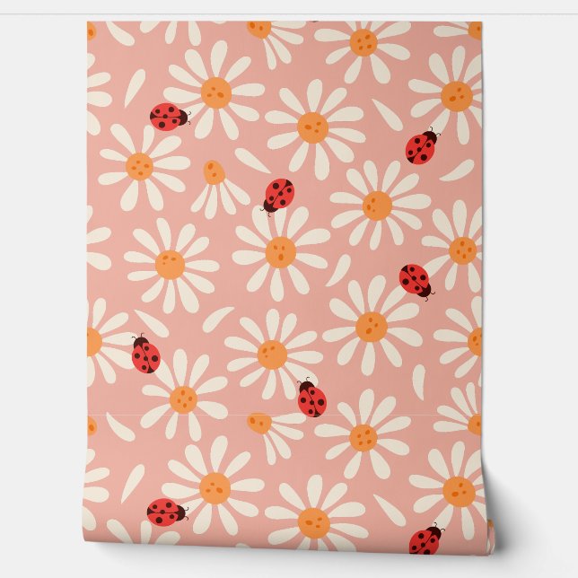 Boho Pink Ladybugs und Gänseblümchen Tapete (Abrollen)