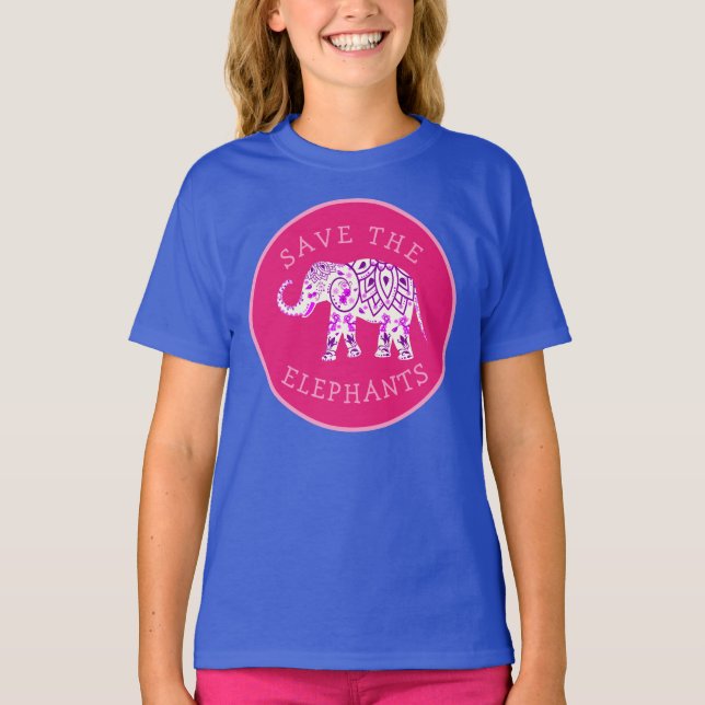 Boho Pink Lila Viel Glück Rette die Elefanten T-Shirt (Vorderseite)