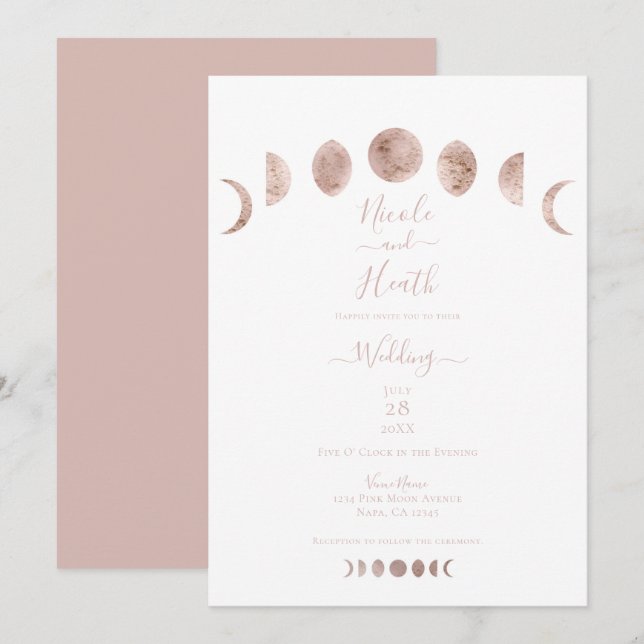 Boho Pink Moon setzt moderne Minimalhochzeit ein Einladung (Vorne/Hinten)