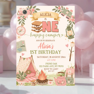 Boho Pink One Happy Camper Erster Geburtstag Einladung