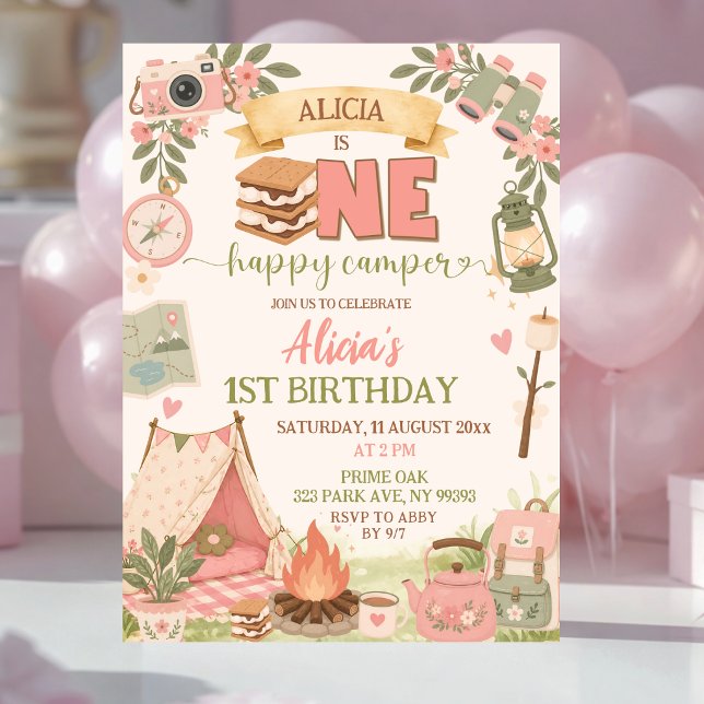 Boho Pink One Happy Camper Erster Geburtstag Einladung (Von Creator hochgeladen)