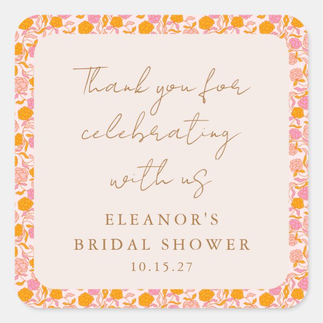 Boho Pink Orange Brautparty Vielen Dank Quadratischer Aufkleber (Vorderseite)