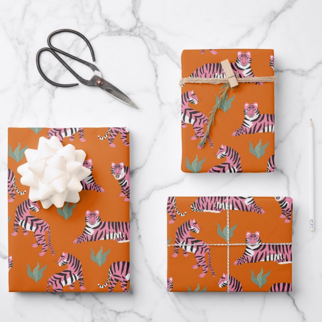 Boho Pink Orange Jungle Tiger Animal Pattern Geschenkpapier Set (Vorderseite)