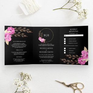 Boho Pink Orchid Floral Alles in einer schwarzen H Dreifach Gefaltete Einladung