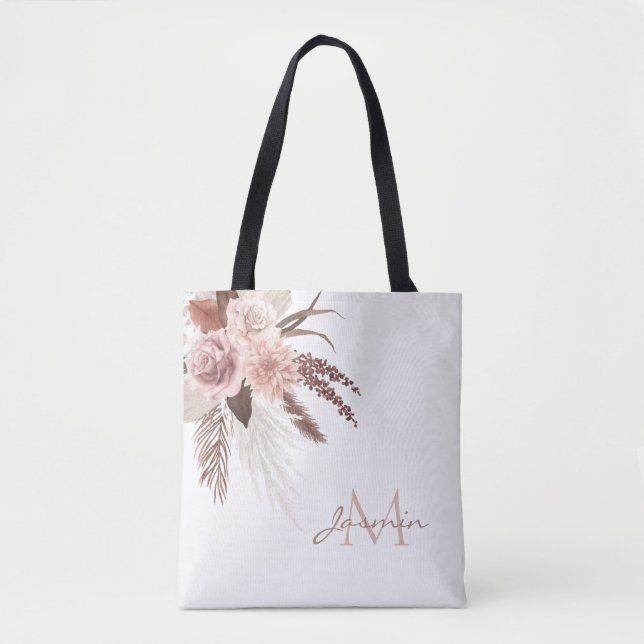 Boho Pink Pampas Grass Getrocknete Blume Monogramm (Vorderseite)