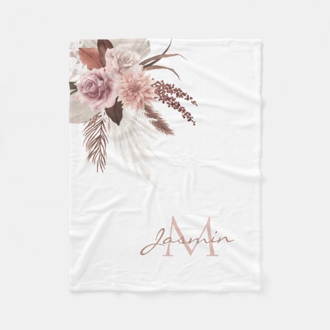 Boho Pink Pampas Grass Getrocknete Blume Monogramm Fleecedecke (Vorderseite)