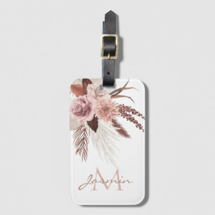 Boho Pink Pampas Grass Getrocknete Blume Monogramm Gepäckanhänger