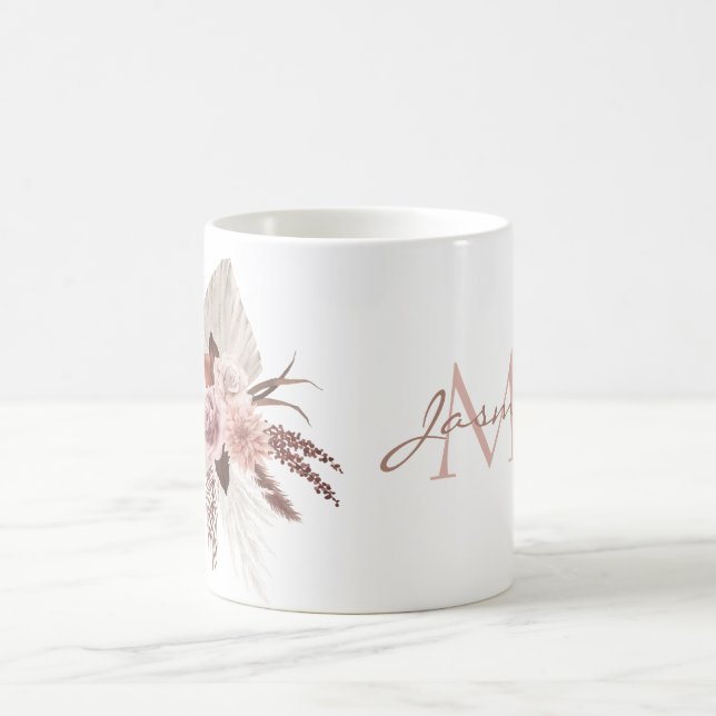 Boho Pink Pampas Grass Getrocknete Blume Monogramm Kaffeetasse (Mittel)