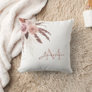 Boho Pink Pampas Grass Getrocknete Blume Monogramm Kissen