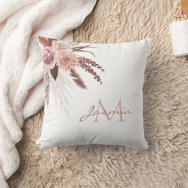 Boho Pink Pampas Grass Getrocknete Blume Monogramm Kissen (Decke)