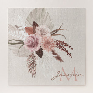 Boho Pink Pampas Grass Getrocknete Blume Monogramm Puzzle