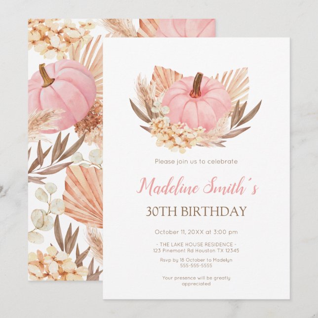 Boho Pink Pampas Grass Pumpkin Birthday Einladung (Vorne/Hinten)