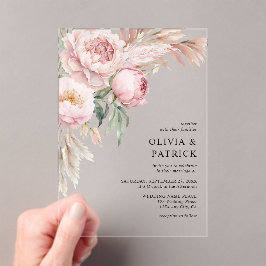 Boho Pink Peonies & Pampas Grass Floral Wedding Acryleinladungen