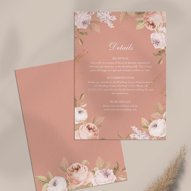 Boho Pink Peonies Wedding Details Card Einladung (Boho Pink Peonies Wedding Details Card on white table)