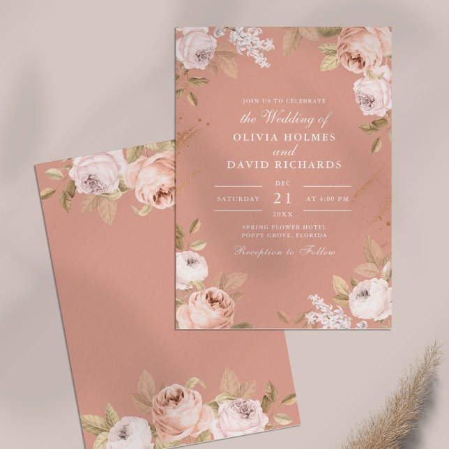 Boho Pink Peonies Wedding Einladung (Boho Pink Peonies Wedding Invitation on a table)