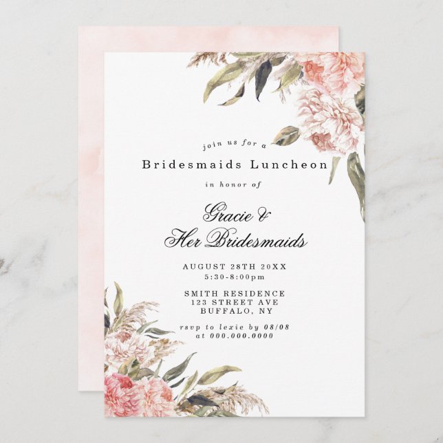 Boho Pink Peony Bridesmaids Luncheon Invites (Vorne/Hinten)