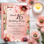 Boho Pink Poppies Floral Sweet 16 Birthday Party Einladung<br><div class="desc">Elegant pink poppies floral design "Sweet 16 Birthday Party" design featuring a floral frame of varying shades of pink poppies on a distressed pink background.</div>