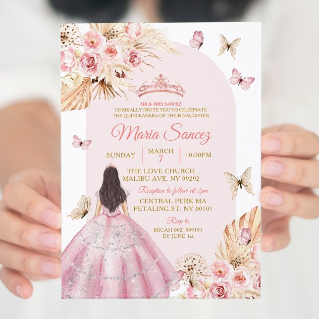 Boho Pink Princess Floral Mexican Quinceañera Einladung (Von Creator hochgeladen)