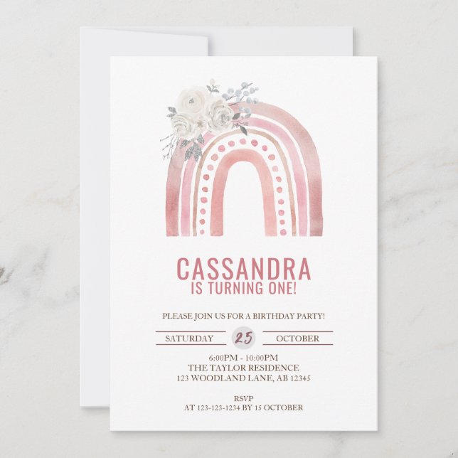 Boho Pink Rainbow Geburtstag, Rose 1. Geburtstag Einladung (Vorderseite)