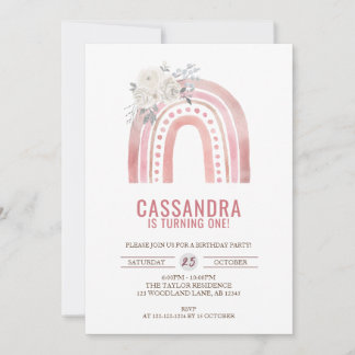 Boho Pink Rainbow Geburtstag, Rose 1. Geburtstag Einladung