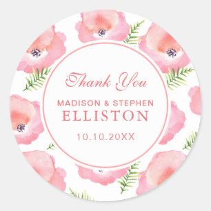 Boho Pink Rose Floral Wasserfarbe Danke Runder Aufkleber