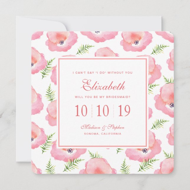 Boho Pink Rose Floral Watercolor - Bridesmaid Einladung (Vorderseite)