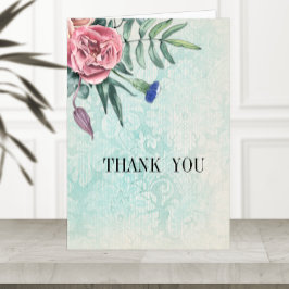 Boho Pink Roses Green Vintag Damask Wedding Dankeskarte