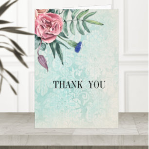 Boho Pink Roses Green Vintag Damask Wedding Dankeskarte
