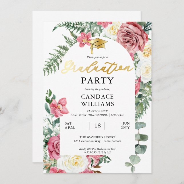 Boho Pink Roses | Orchids Floral Graduation Party Einladung (Vorne/Hinten)