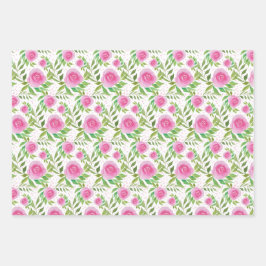 Boho Pink Roses Wasserfarbe Handgestrichen Geschenkpapier Set