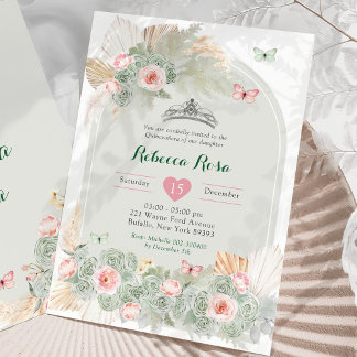 Boho Pink Sage Green Royal Crown Quinceañera Einladung