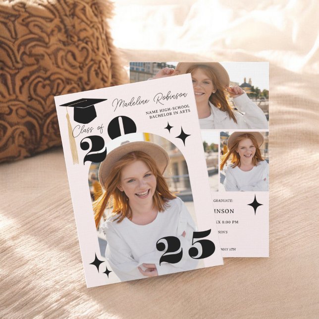Boho Pink Stars Moderner 4-Foto-Abschluss Einladung (Boho Pink Stars Modern 4-Photo Graduation Invitation)