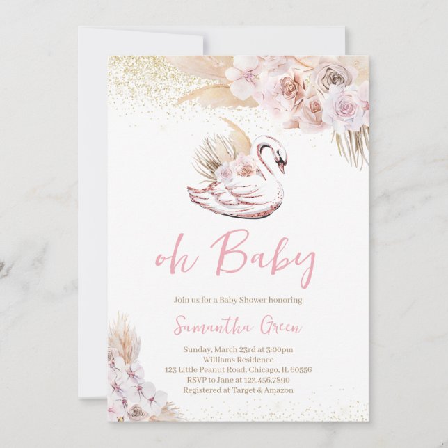 Boho Pink Swan Baby Shower Einladung (Vorderseite)