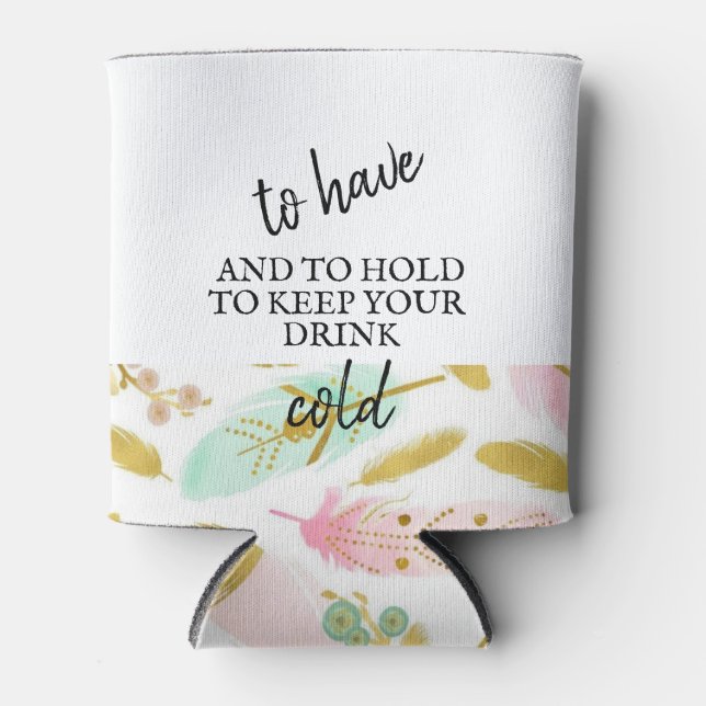 Boho Pink und Gold Feathers Dosenkühler (Vorderseite)