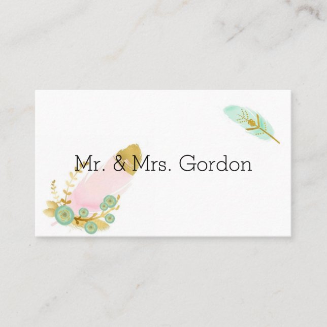 Boho Pink und Gold Feathers Platzkarte (Vorderseite)