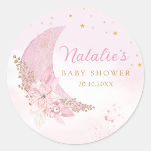 Boho Pink Wasserfarbe über der Mond Babydusche Runder Aufkleber