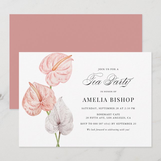 Boho Pink Watercolor Anthuriums Teezeremonie Party Einladung (Vorne/Hinten)