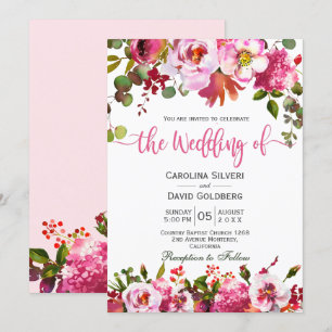 Boho Pink Watercolor Floral Typografy Wedding Einladung